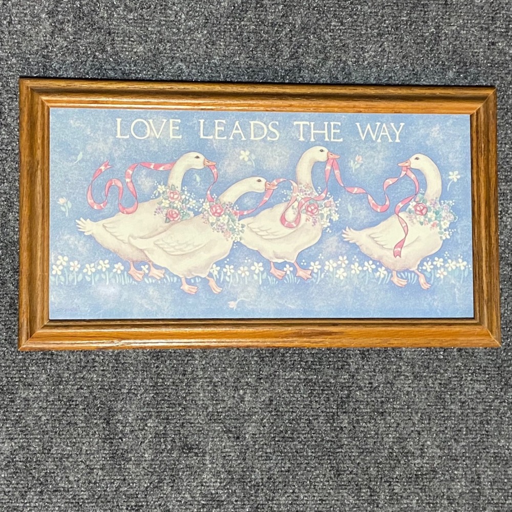 Vintage 1980s Love Leads The Way Geese Pink Ribbon Farmhouse Picture 17.5x9.5